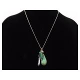 .925 Sterling Silver Malachite and Crystal Dangle Charm Pendant Necklace