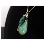 .925 Sterling Silver Malachite and Crystal Dangle Charm Pendant Necklace