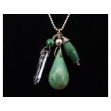 .925 Sterling Silver Malachite and Crystal Dangle Charm Pendant Necklace