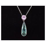 .925 Sterling Silver Pink Sapphire and Aquamarine Crystal Dangle Pendant Necklace