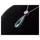 .925 Sterling Silver Pink Sapphire and Aquamarine Crystal Dangle Pendant Necklace