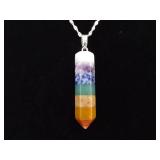 .925 Sterling Silver Rainbow Stacked Stone Crystal Energy Pendant Necklace