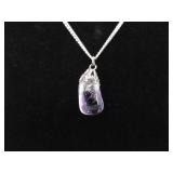 .925 Sterling Silver Polished Raw Amethyst Stone Pendant Necklace