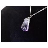 .925 Sterling Silver Polished Raw Amethyst Stone Pendant Necklace