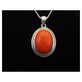 .925 Sterling Silver Red Coral Cabochon Pendant Necklace