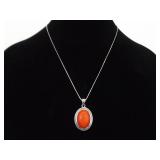 .925 Sterling Silver Red Coral Cabochon Pendant Necklace