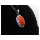 .925 Sterling Silver Red Coral Cabochon Pendant Necklace