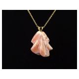 .925 Sterling Silver Carved Pink Agate Vermeil Pendant Necklace