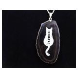 .925 Sterling Silver Reversible Eclipse Cat Agate  Pendant Necklace