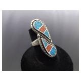 .925 Sterling Silver Inlayed Turquoise and Coral Yin Yang Ring Size 5.75