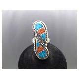 .925 Sterling Silver Inlayed Turquoise and Coral Yin Yang Ring Size 5.75