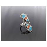 .925 Sterling Silver Inlayed Turquoise and Coral Yin Yang Ring Size 5.75