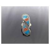 .925 Sterling Silver Inlayed Turquoise and Coral Yin Yang Ring Size 5.75