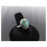 .925 Sterling Silver Green Navajo Turquoise Cabochon Ring Size 8.5