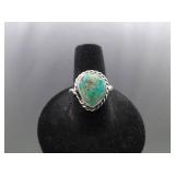 .925 Sterling Silver Green Navajo Turquoise Cabochon Ring Size 8.5