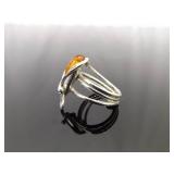 .925 Sterling Silver Amber Cabochon Calla Lilly Ring Size 5.75