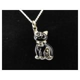 .925 Sterling Silver Art Nouveau Enamel Kitty Cat Pendant Necklace