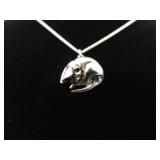 .925 Sterling Silver Napping Kitty Cat Charm Pendant Necklace