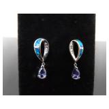 .925 Sterling Silver Inlayed Opal and Amethyst Dangle Post Earrings