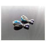 .925 Sterling Silver Inlayed Opal and Amethyst Dangle Post Earrings