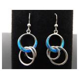 .925 Sterling Silver Inlayed Opal Dangle Hoop Hook Earrings