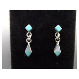 .925 Sterling Silver Inlayed Turquoise Dangle Post Earrings