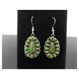 .925 Sterling Silver Navajo Green Turquoise Cabochon dangle Hook Earrings