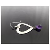 .925 Sterling Silver Amethyst Dangle Heart Dangle Hook Earrings
