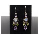 .925 Sterling Silver Moonstone Cabochon Amethyst and Peridot Dangle Hook Earrings