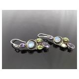 .925 Sterling Silver Moonstone Cabochon Amethyst and Peridot Dangle Hook Earrings