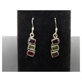 .925 Sterling Silver Garnet and Peridot Dangle Hook Earrings