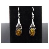 .925 Sterling Silver Amber Cabochon Dangle Hook Earrings