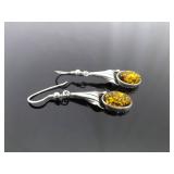.925 Sterling Silver Amber Cabochon Dangle Hook Earrings