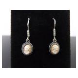.925 Sterling Silver Carved Shell Cameo Dangle Hook Earrings
