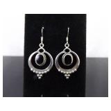 .925 Sterling Silver Black Onyx Cabochon Dangle Hook Earrings