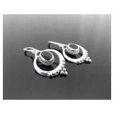 .925 Sterling Silver Black Onyx Cabochon Dangle Hook Earrings