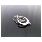 .925 Sterling Silver Black Onyx Cabochon Dangle Hook Earrings