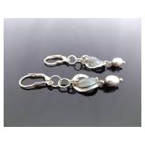.925 Sterling Silver Pearl and Moonstone Dangle Hook Earrings