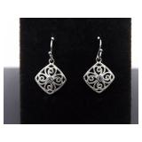 .925 Sterling Silver Scrolled Crystal Dangle Hook Earrings