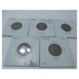 5 Collectible 1893 - 1908 Nickels