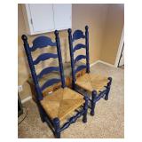 Pair of Blue Ladder Back Wooden Chairs with Woven Rush Seats