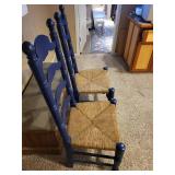 Pair of Blue Ladder Back Wooden Chairs with Woven Rush Seats