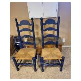 Pair of Blue Ladder Back Wooden Chairs with Woven Rush Seats