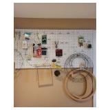 Assorted Craft Supplies Lot with Pegboard Hooks, Wire Forms, and Tools