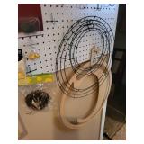 Assorted Craft Supplies Lot with Pegboard Hooks, Wire Forms, and Tools