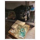 Collection of Canning Jars, Lids, and Graniteware Pot