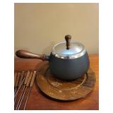 Vintage Fondue Pot Set with Wood Handles and Skewers