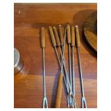 Vintage Fondue Pot Set with Wood Handles and Skewers