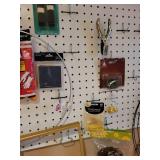 Assorted Craft Supplies Lot with Pegboard Hooks, Wire Forms, and Tools