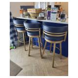 Set of 3 Blue and Gold Swivel Bar Stools with Curved Backs